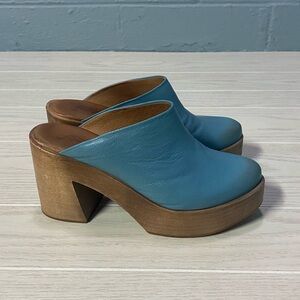 free people blue leather high heel clogs